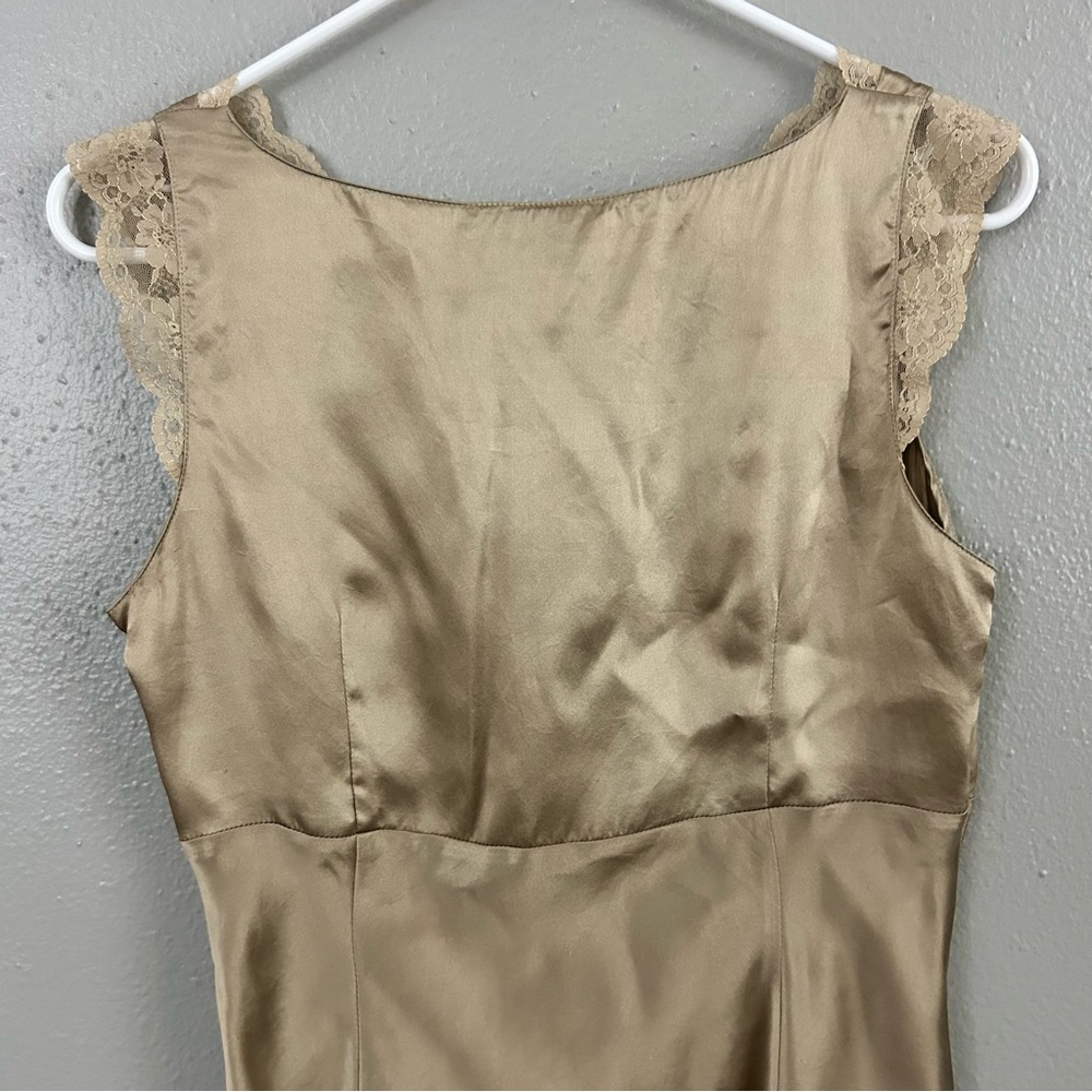 Ann Taylor LOFT Tan 100% Silk Shiny Satin Lace Trim Babydoll Tank Top Size 6 Y2K - Picture 7 of 9